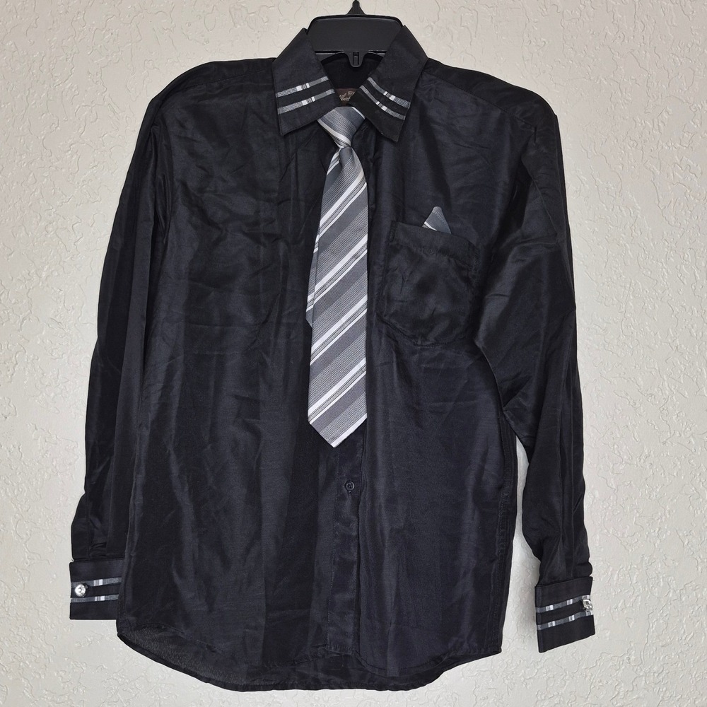 Alberto Danelli Boys Black Dress Shirt Set with Tie & Pocket Square Size L 14-16